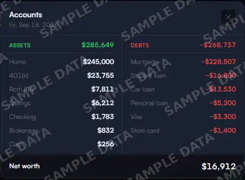 Accounts breakdown showing assets, debts and the resulting net worth for a single snapshot